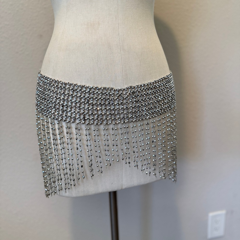 Silver Beaded Fringe Hip Belt Festival Rave Skirt Overlay Statement Accessory